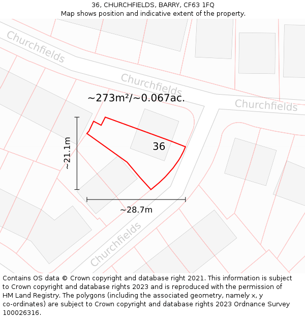 36, CHURCHFIELDS, BARRY, CF63 1FQ: Plot and title map