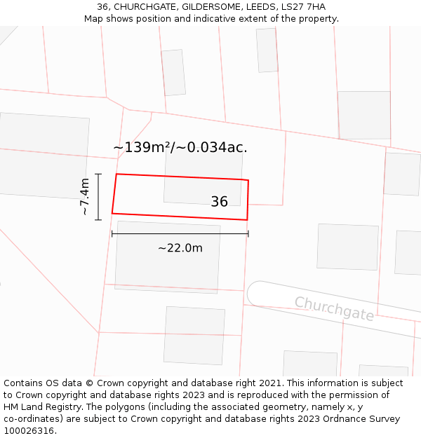 36, CHURCHGATE, GILDERSOME, LEEDS, LS27 7HA: Plot and title map