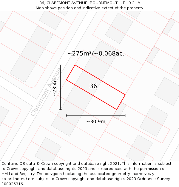 36, CLAREMONT AVENUE, BOURNEMOUTH, BH9 3HA: Plot and title map