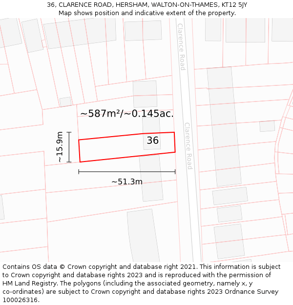 36, CLARENCE ROAD, HERSHAM, WALTON-ON-THAMES, KT12 5JY: Plot and title map