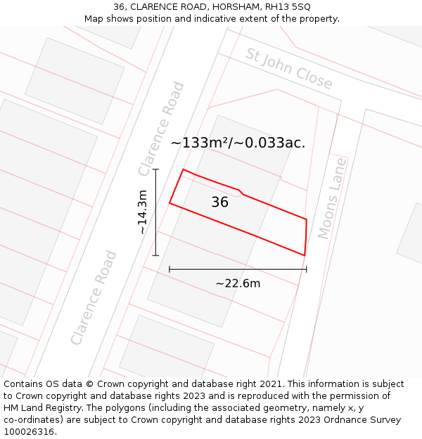 36, CLARENCE ROAD, HORSHAM, RH13 5SQ: Plot and title map