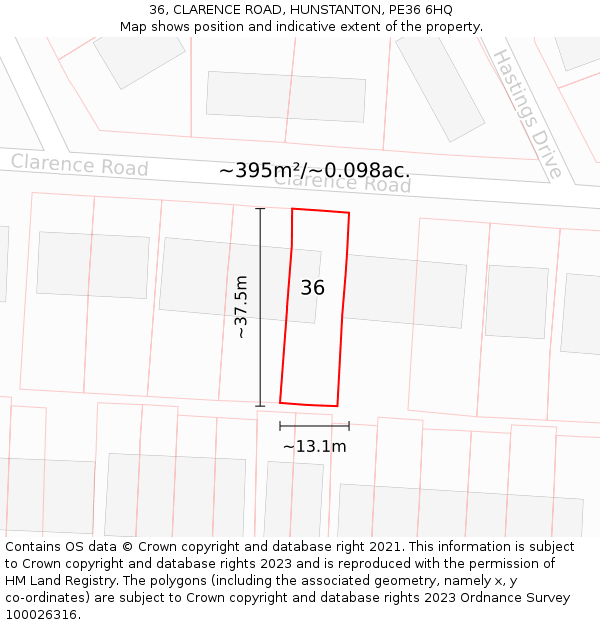 36, CLARENCE ROAD, HUNSTANTON, PE36 6HQ: Plot and title map