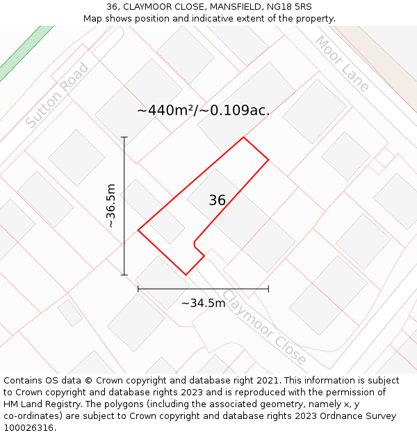 36, CLAYMOOR CLOSE, MANSFIELD, NG18 5RS: Plot and title map