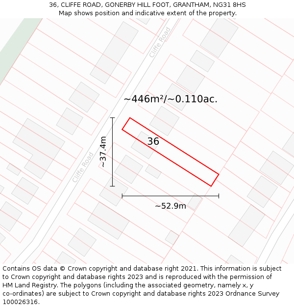 36, CLIFFE ROAD, GONERBY HILL FOOT, GRANTHAM, NG31 8HS: Plot and title map