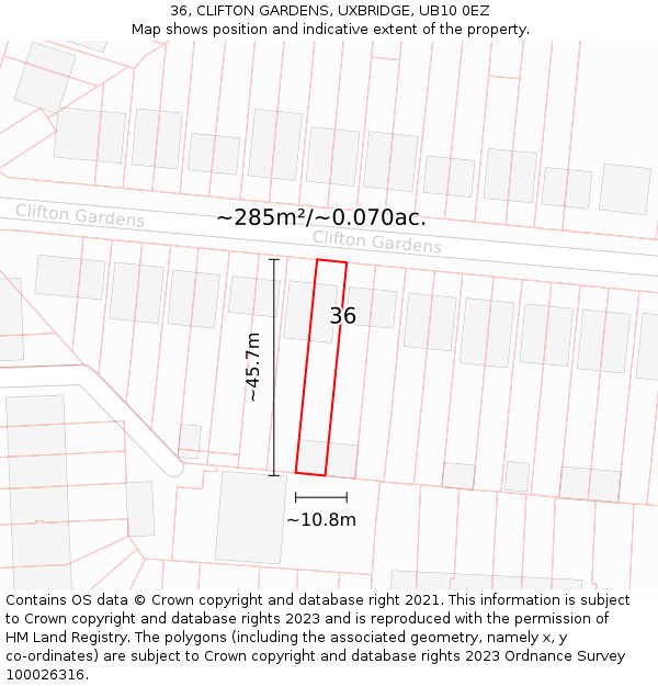 36, CLIFTON GARDENS, UXBRIDGE, UB10 0EZ: Plot and title map