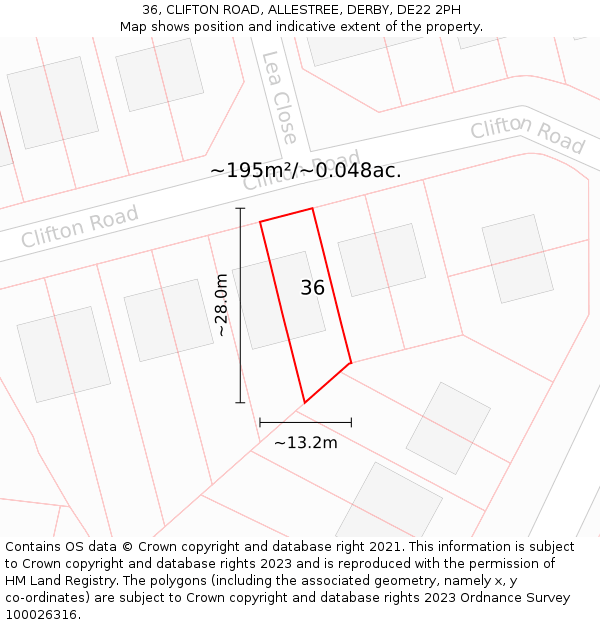 36, CLIFTON ROAD, ALLESTREE, DERBY, DE22 2PH: Plot and title map