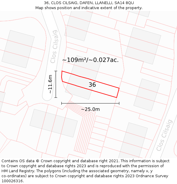 36, CLOS CILSAIG, DAFEN, LLANELLI, SA14 8QU: Plot and title map