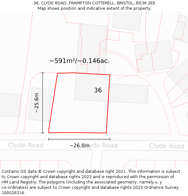 36, CLYDE ROAD, FRAMPTON COTTERELL, BRISTOL, BS36 2EE: Plot and title map