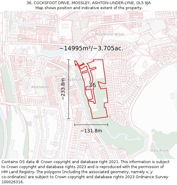 36, COCKSFOOT DRIVE, MOSSLEY, ASHTON-UNDER-LYNE, OL5 9JA: Plot and title map