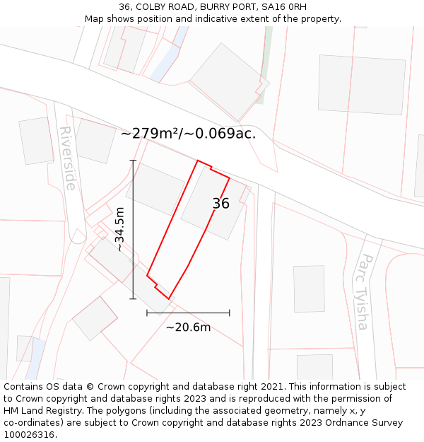 36, COLBY ROAD, BURRY PORT, SA16 0RH: Plot and title map