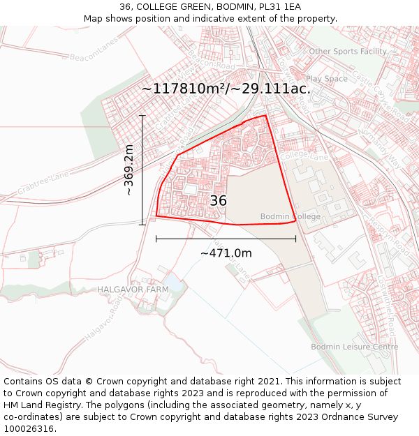 36, COLLEGE GREEN, BODMIN, PL31 1EA: Plot and title map