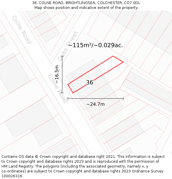 36, COLNE ROAD, BRIGHTLINGSEA, COLCHESTER, CO7 0DL: Plot and title map