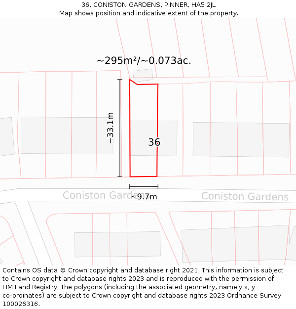 36, CONISTON GARDENS, PINNER, HA5 2JL: Plot and title map
