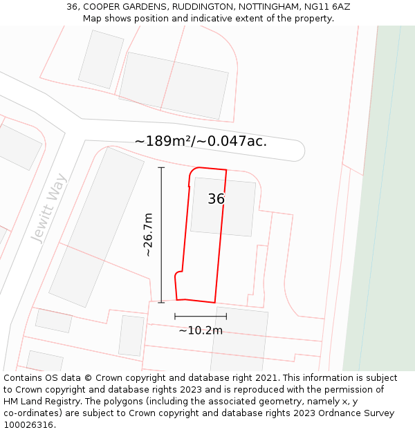 36, COOPER GARDENS, RUDDINGTON, NOTTINGHAM, NG11 6AZ: Plot and title map