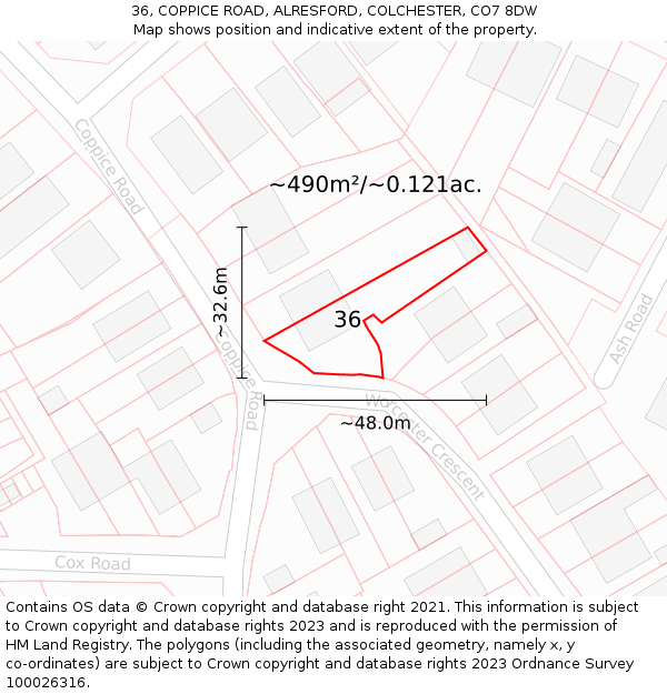 36, COPPICE ROAD, ALRESFORD, COLCHESTER, CO7 8DW: Plot and title map