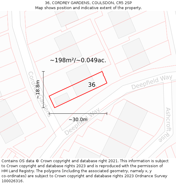 36, CORDREY GARDENS, COULSDON, CR5 2SP: Plot and title map