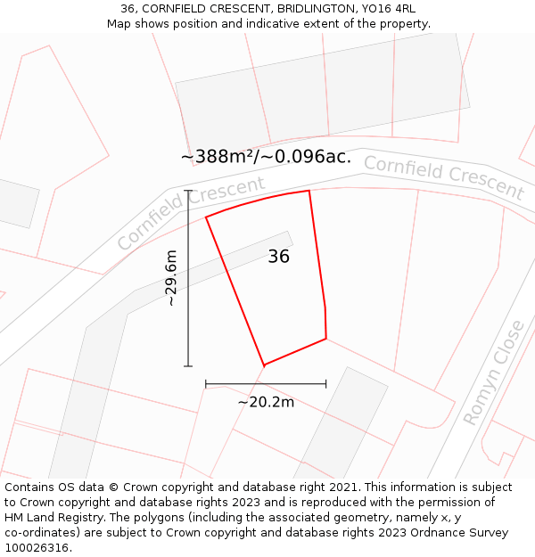 36, CORNFIELD CRESCENT, BRIDLINGTON, YO16 4RL: Plot and title map