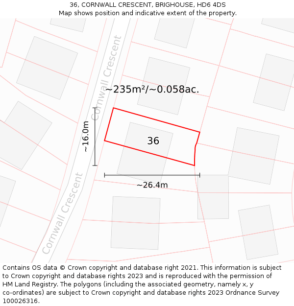 36, CORNWALL CRESCENT, BRIGHOUSE, HD6 4DS: Plot and title map