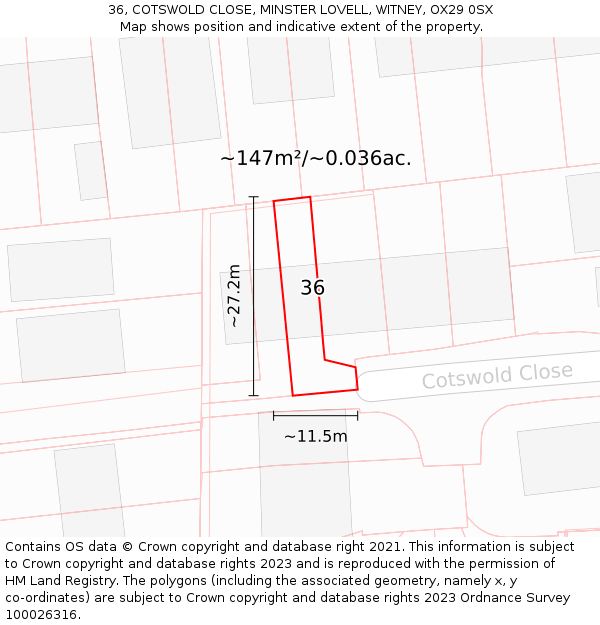 36, COTSWOLD CLOSE, MINSTER LOVELL, WITNEY, OX29 0SX: Plot and title map