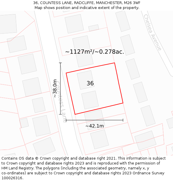 36, COUNTESS LANE, RADCLIFFE, MANCHESTER, M26 3WF: Plot and title map