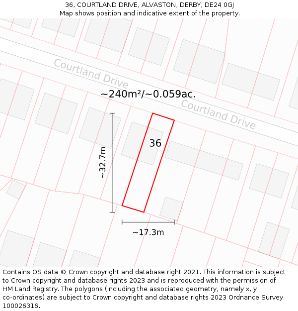 36, COURTLAND DRIVE, ALVASTON, DERBY, DE24 0GJ: Plot and title map