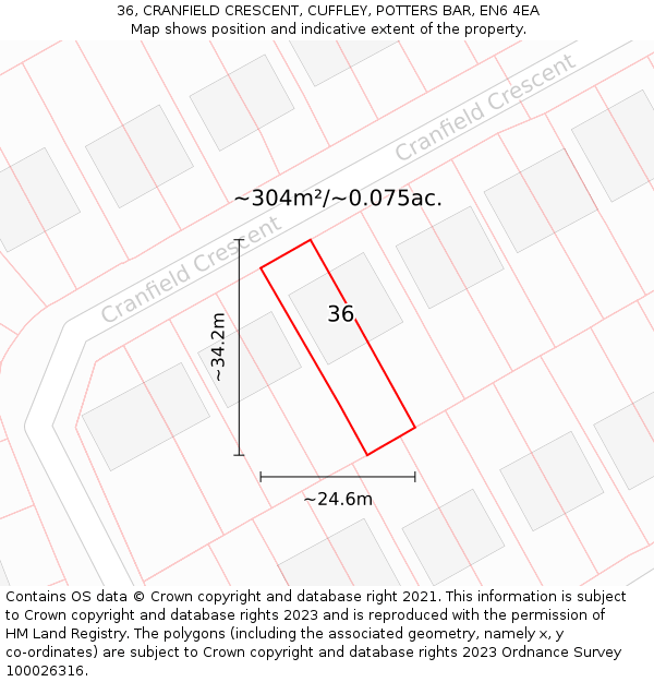 36, CRANFIELD CRESCENT, CUFFLEY, POTTERS BAR, EN6 4EA: Plot and title map