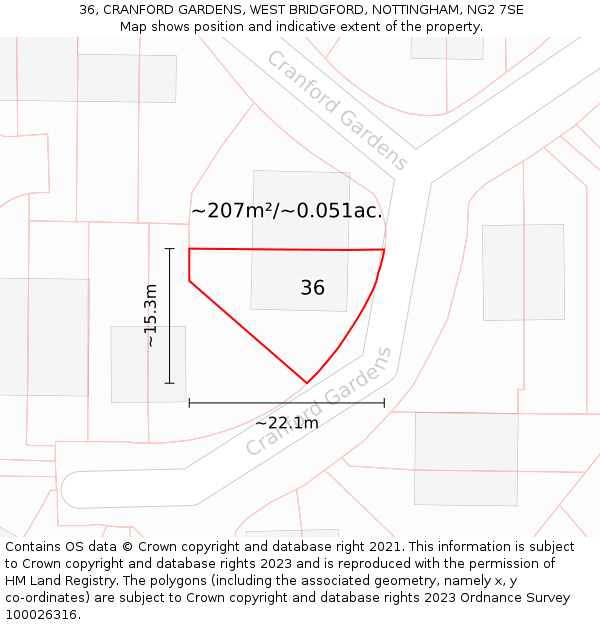 36, CRANFORD GARDENS, WEST BRIDGFORD, NOTTINGHAM, NG2 7SE: Plot and title map