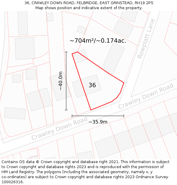 36, CRAWLEY DOWN ROAD, FELBRIDGE, EAST GRINSTEAD, RH19 2PS: Plot and title map