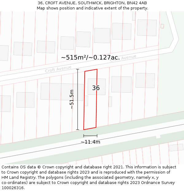 36, CROFT AVENUE, SOUTHWICK, BRIGHTON, BN42 4AB: Plot and title map