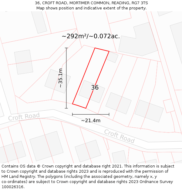 36, CROFT ROAD, MORTIMER COMMON, READING, RG7 3TS: Plot and title map