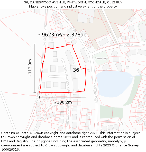 36, DANESWOOD AVENUE, WHITWORTH, ROCHDALE, OL12 8UY: Plot and title map