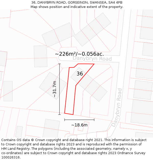 36, DANYBRYN ROAD, GORSEINON, SWANSEA, SA4 4PB: Plot and title map