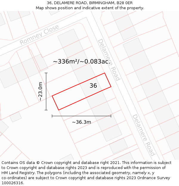 36, DELAMERE ROAD, BIRMINGHAM, B28 0ER: Plot and title map