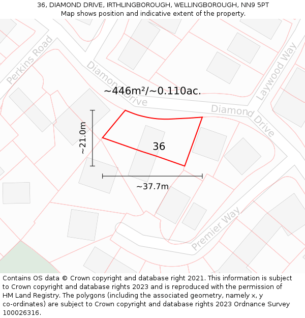 36, DIAMOND DRIVE, IRTHLINGBOROUGH, WELLINGBOROUGH, NN9 5PT: Plot and title map