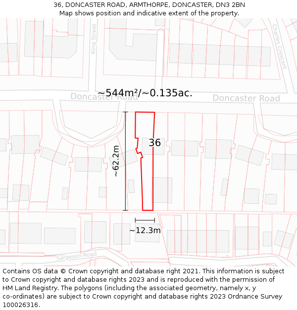 36, DONCASTER ROAD, ARMTHORPE, DONCASTER, DN3 2BN: Plot and title map