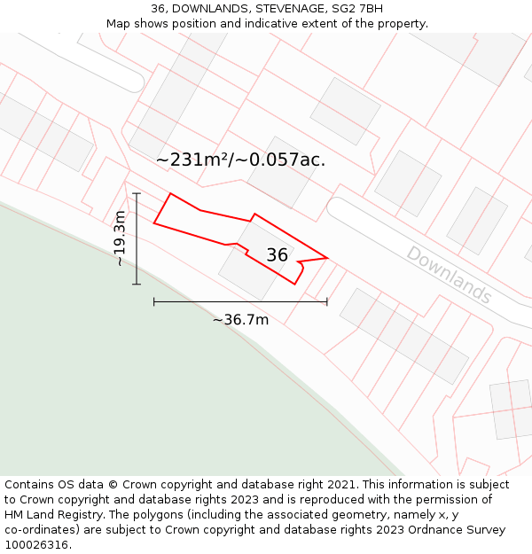 36, DOWNLANDS, STEVENAGE, SG2 7BH: Plot and title map