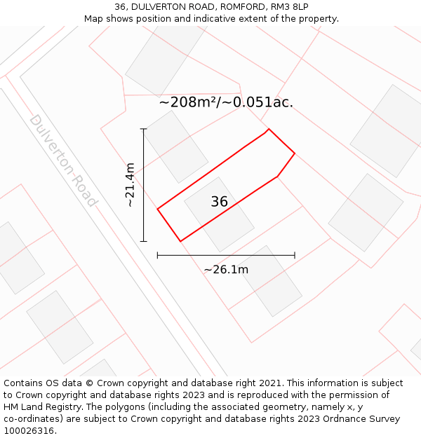 36, DULVERTON ROAD, ROMFORD, RM3 8LP: Plot and title map