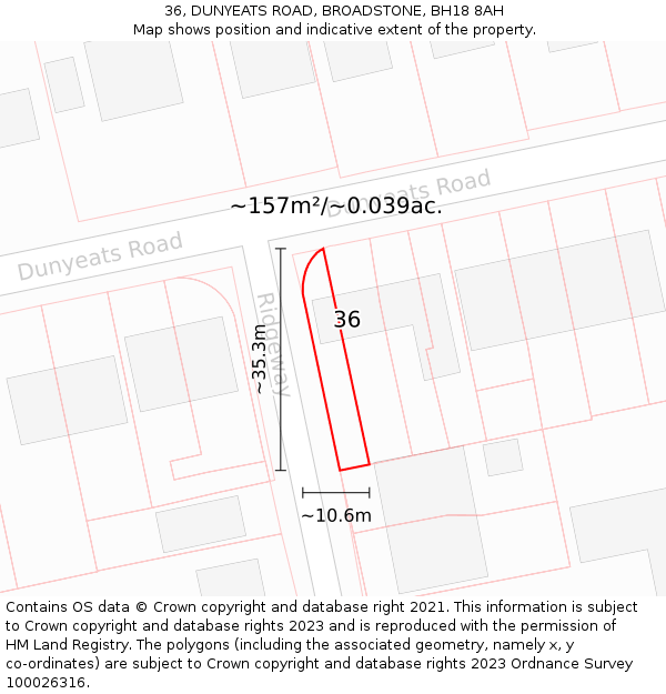 36, DUNYEATS ROAD, BROADSTONE, BH18 8AH: Plot and title map