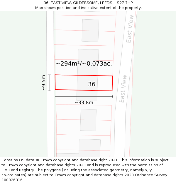 36, EAST VIEW, GILDERSOME, LEEDS, LS27 7HP: Plot and title map