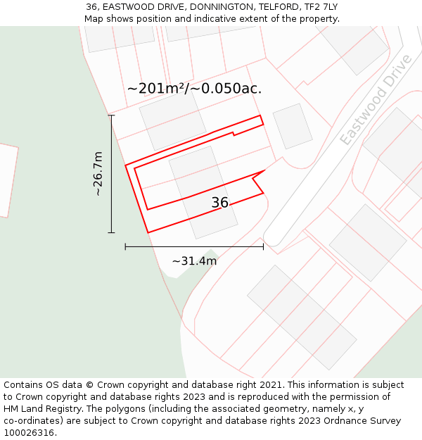 36, EASTWOOD DRIVE, DONNINGTON, TELFORD, TF2 7LY: Plot and title map