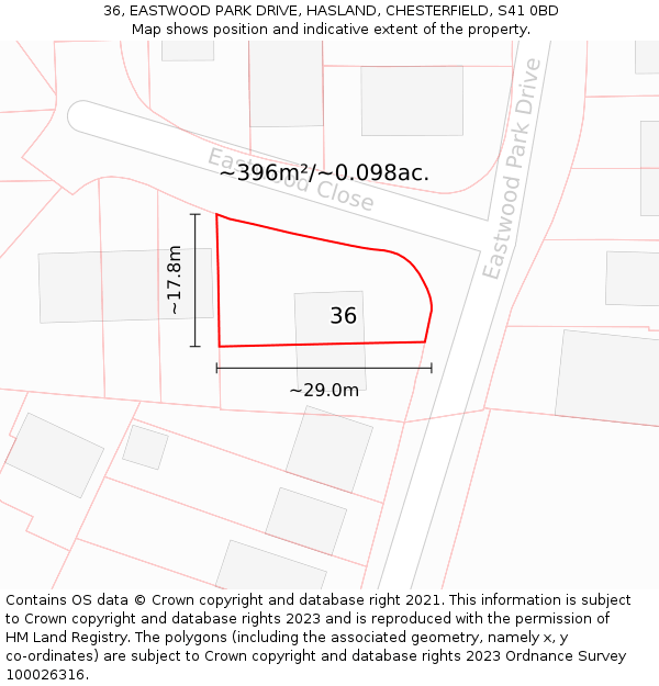 36, EASTWOOD PARK DRIVE, HASLAND, CHESTERFIELD, S41 0BD: Plot and title map