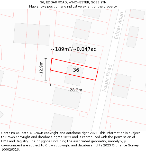 36, EDGAR ROAD, WINCHESTER, SO23 9TN: Plot and title map