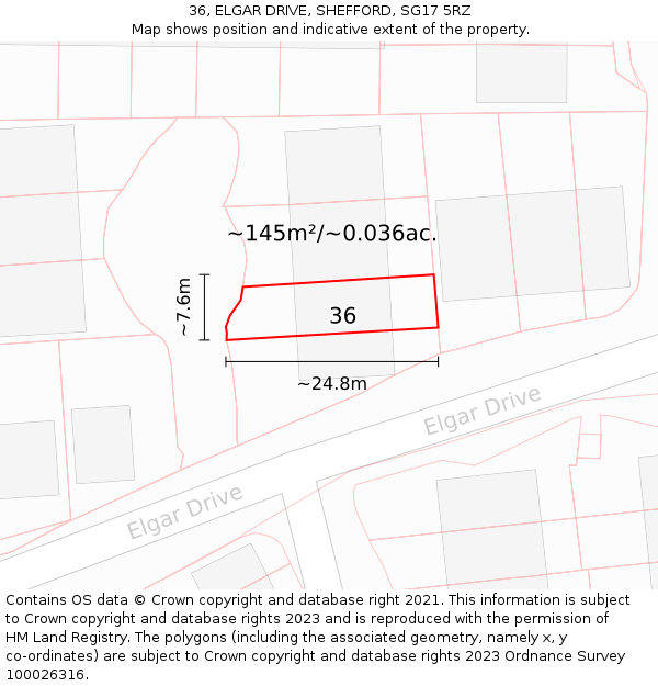 36, ELGAR DRIVE, SHEFFORD, SG17 5RZ: Plot and title map