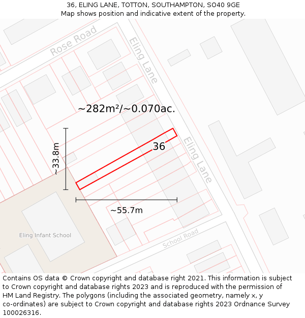 36, ELING LANE, TOTTON, SOUTHAMPTON, SO40 9GE: Plot and title map