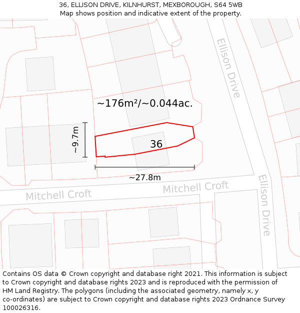 36, ELLISON DRIVE, KILNHURST, MEXBOROUGH, S64 5WB: Plot and title map