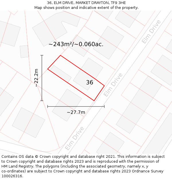 36, ELM DRIVE, MARKET DRAYTON, TF9 3HE: Plot and title map