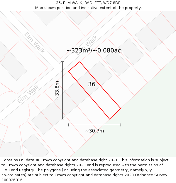 36, ELM WALK, RADLETT, WD7 8DP: Plot and title map