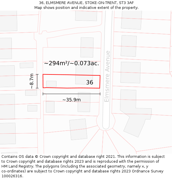 36, ELMSMERE AVENUE, STOKE-ON-TRENT, ST3 3AF: Plot and title map