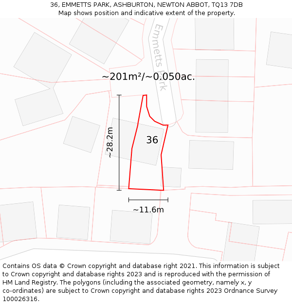 36, EMMETTS PARK, ASHBURTON, NEWTON ABBOT, TQ13 7DB: Plot and title map