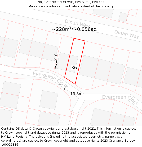 36, EVERGREEN CLOSE, EXMOUTH, EX8 4RR: Plot and title map